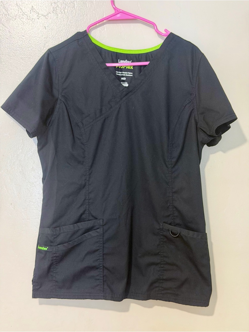 Landau Black Scrub Top with Lime Accent